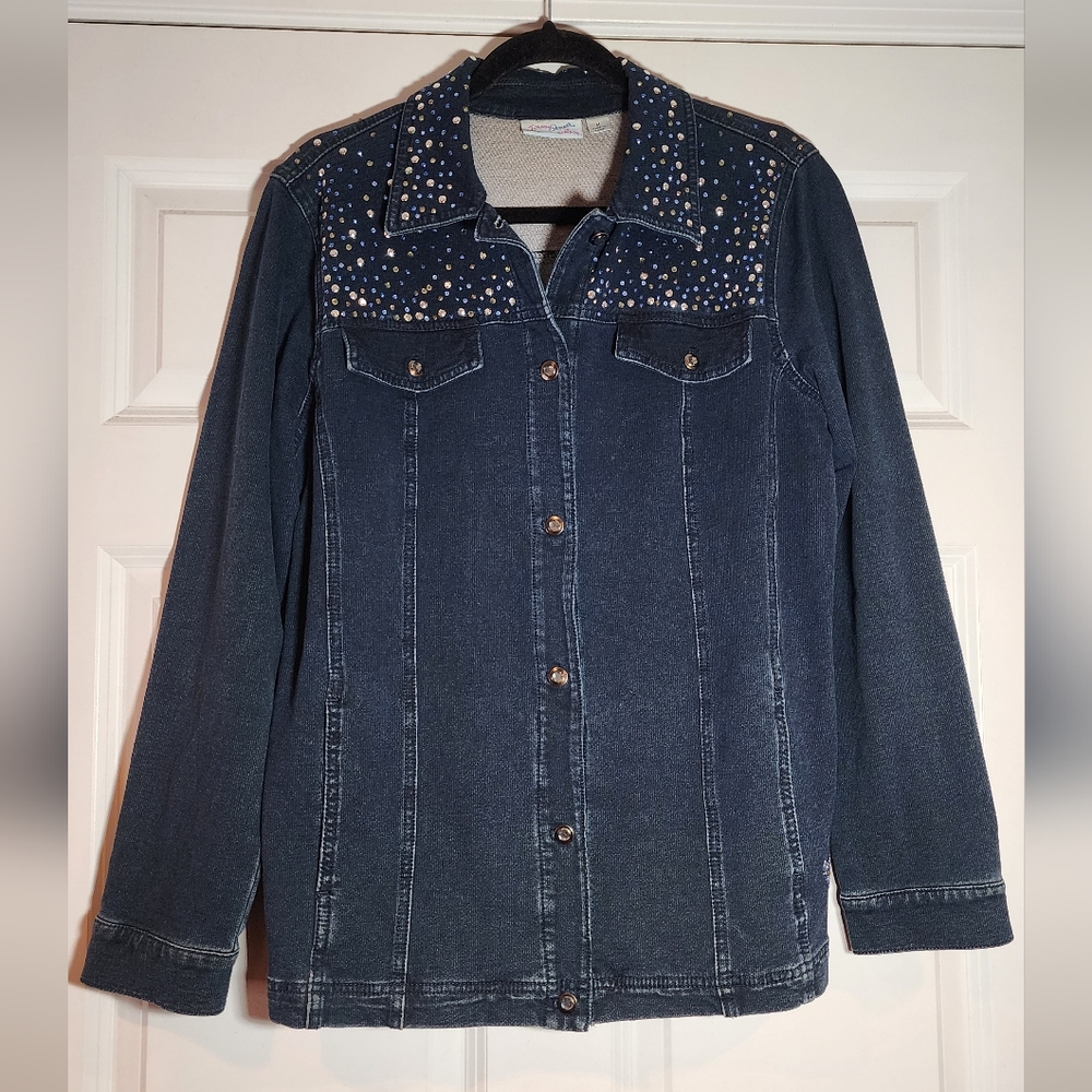Quacker Factory Drean Jeannes Stretchy Denim Style Button Up Jeweled Jacket M